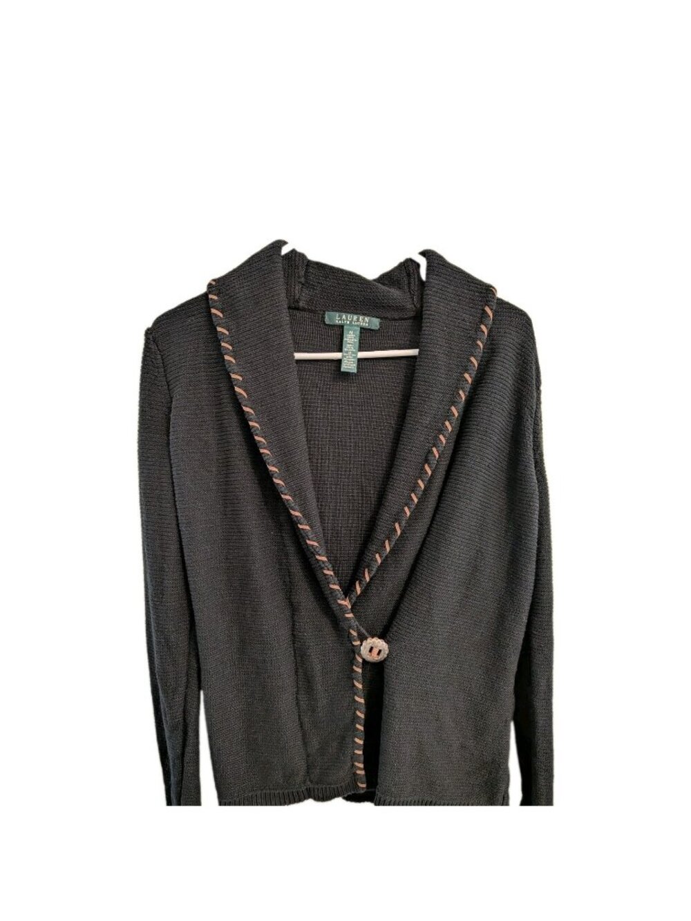 Lauren Ralph Lauren Cardigan M Black Linen Cotton Whipstitch Shawl Collar Boho